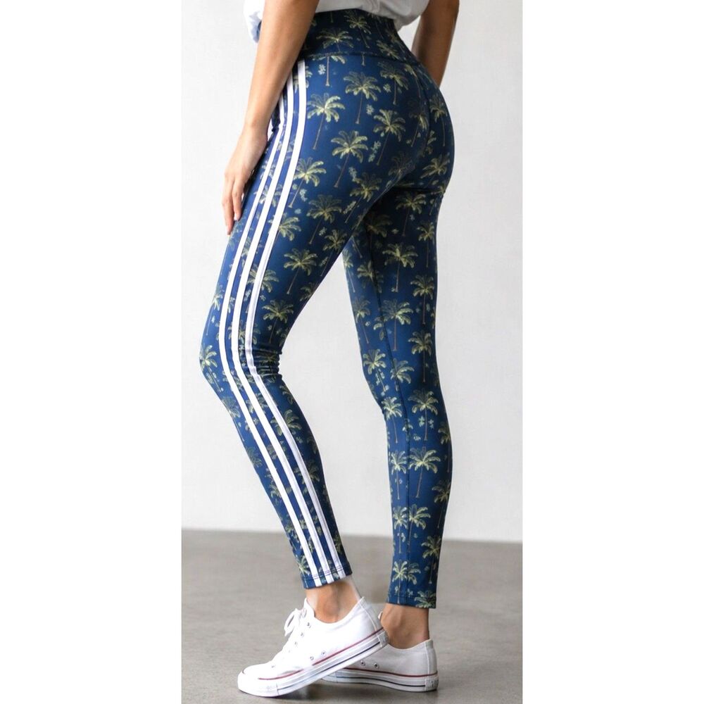 Adidas Aeroready Palm Tree Print 3-Stripes Tight Fit Leggings Blue Women's S